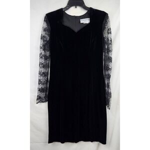 Jessica Howard Petite Black Velvet Lace Sleeve Cocktail Dress Size 10 Vintage
